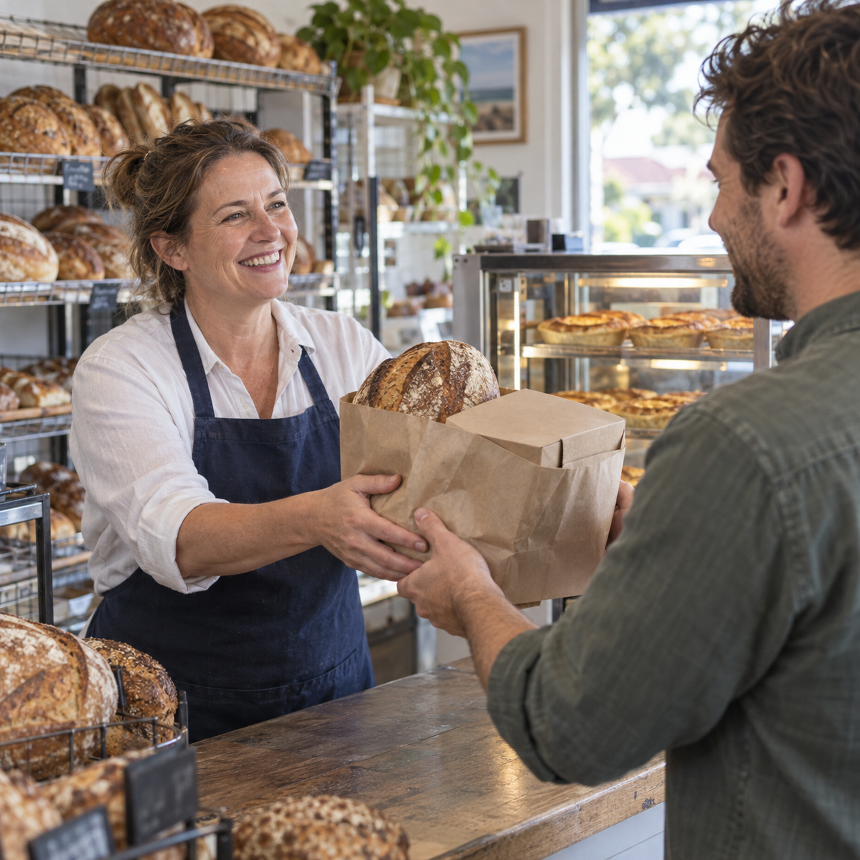 A bakery owner handing a customer a preordered loaf and pastry box