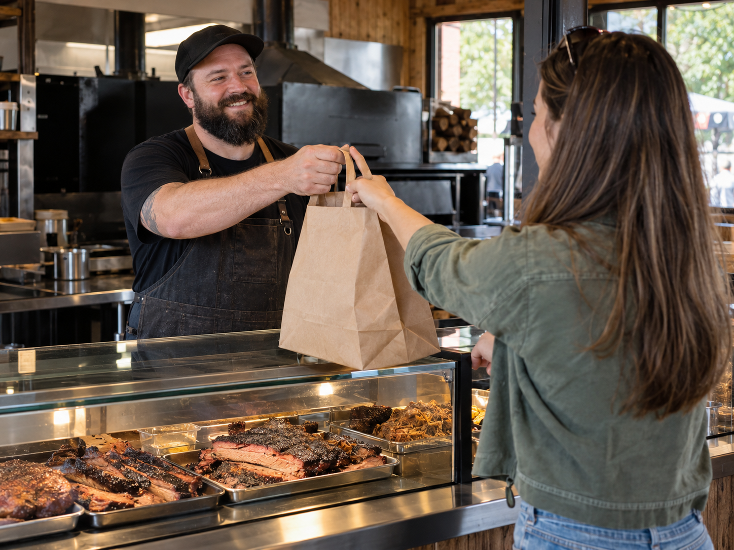 Illustrative customer collecting a takeaway bag from a smokehouse counter