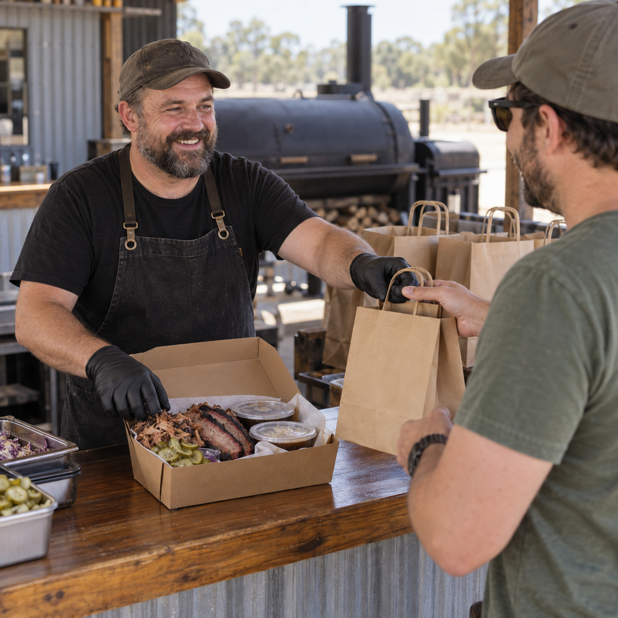 Illustrative barbecue pitmaster packing smoked meat and handing over a prepaid pickup bag