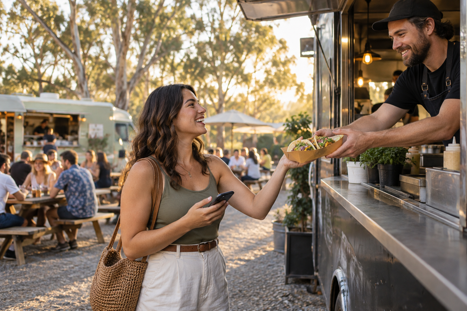 Illustrative scene of a customer collecting tacos from a food truck