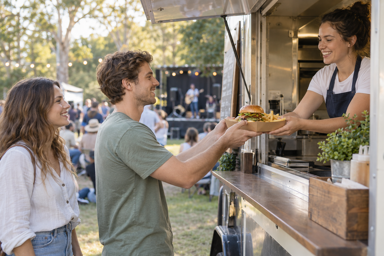 Illustrative scene of a guest collecting a burger and chips from a food truck
