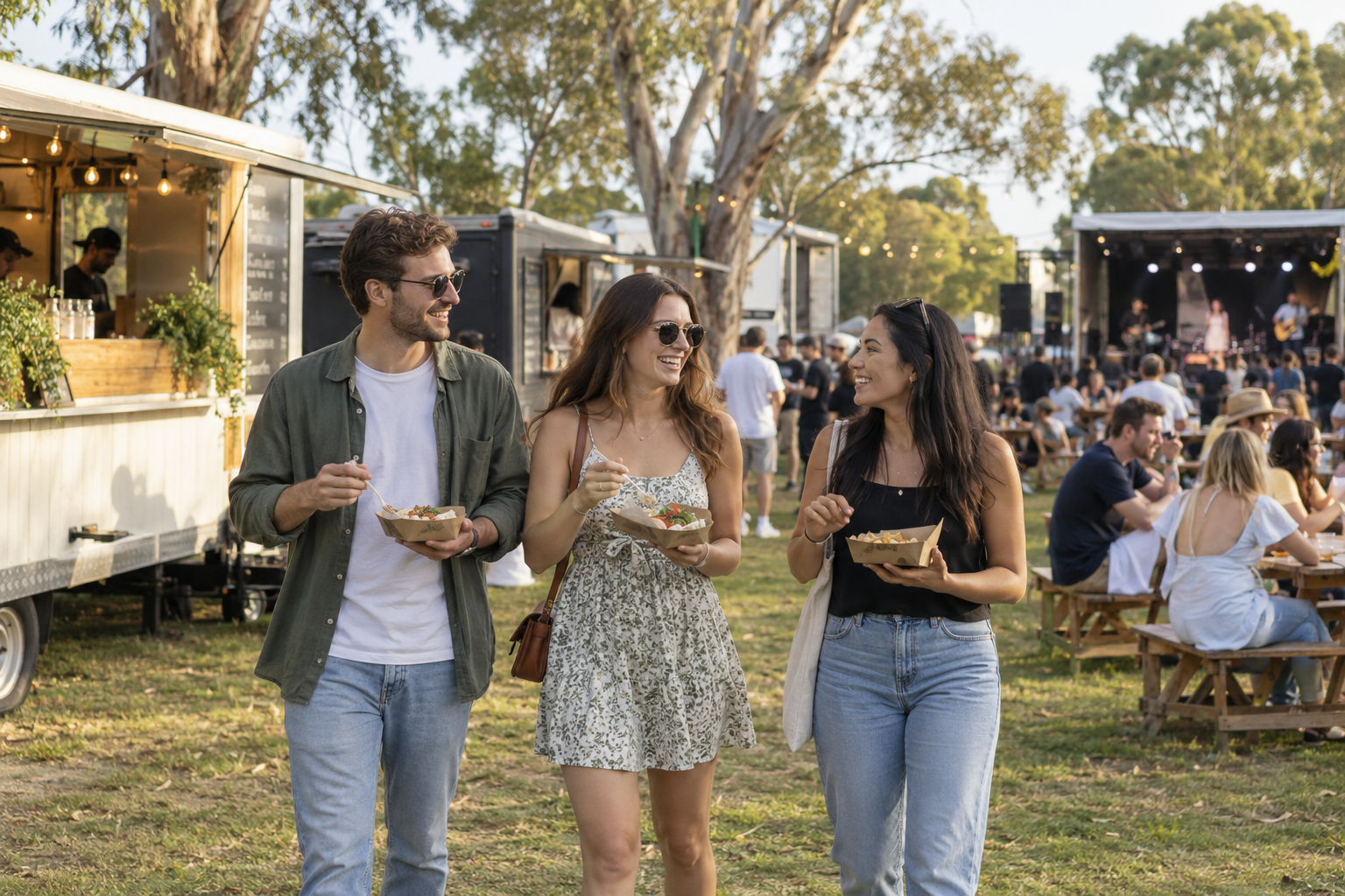 Illustrative scene of casually dressed friends enjoying food at an outdoor event