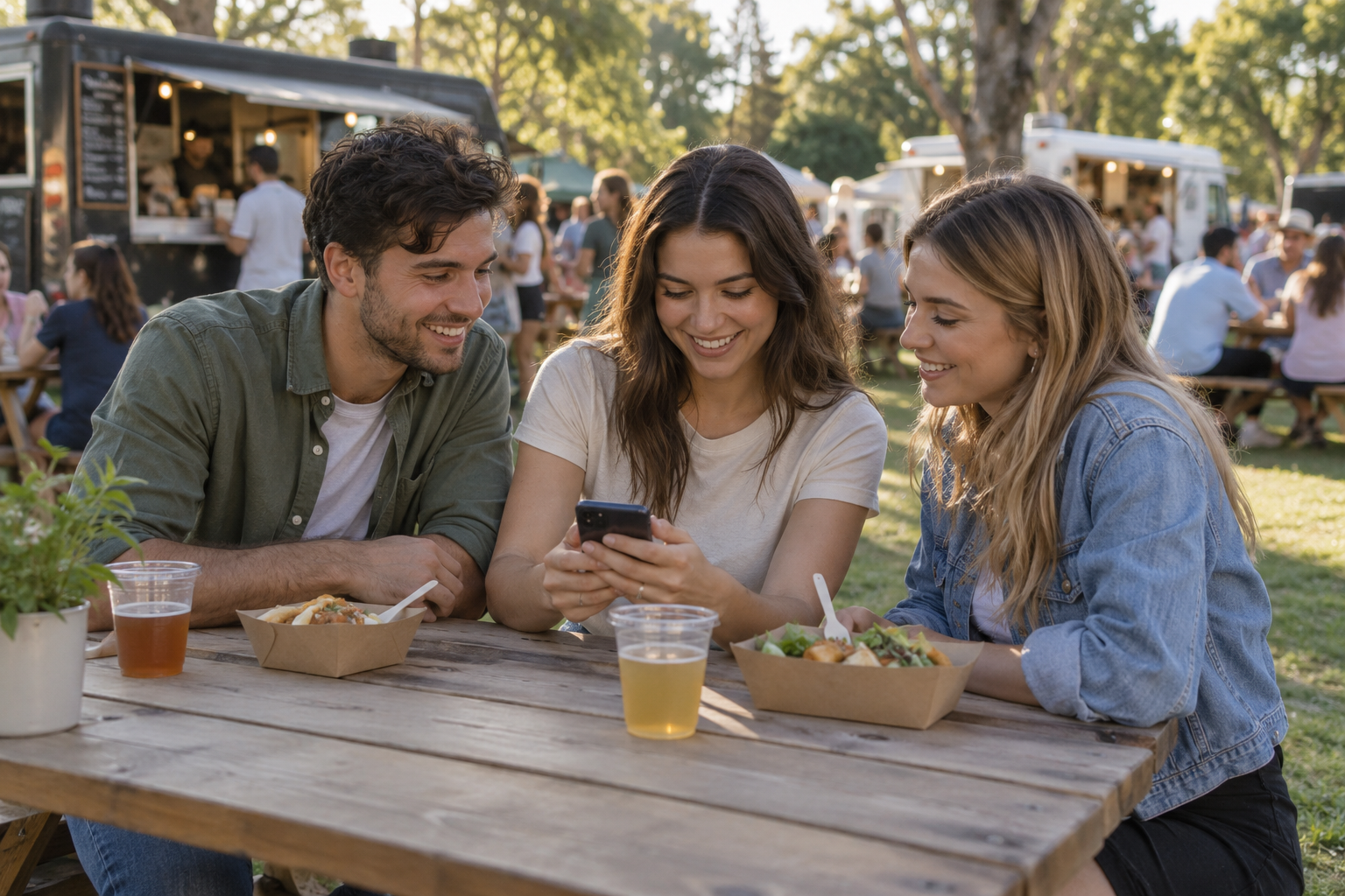 Illustrative scene of friends ordering on a phone at a picnic table
