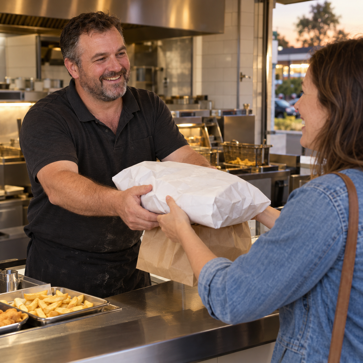A fish and chip shop owner handing a wrapped takeaway order to a customer