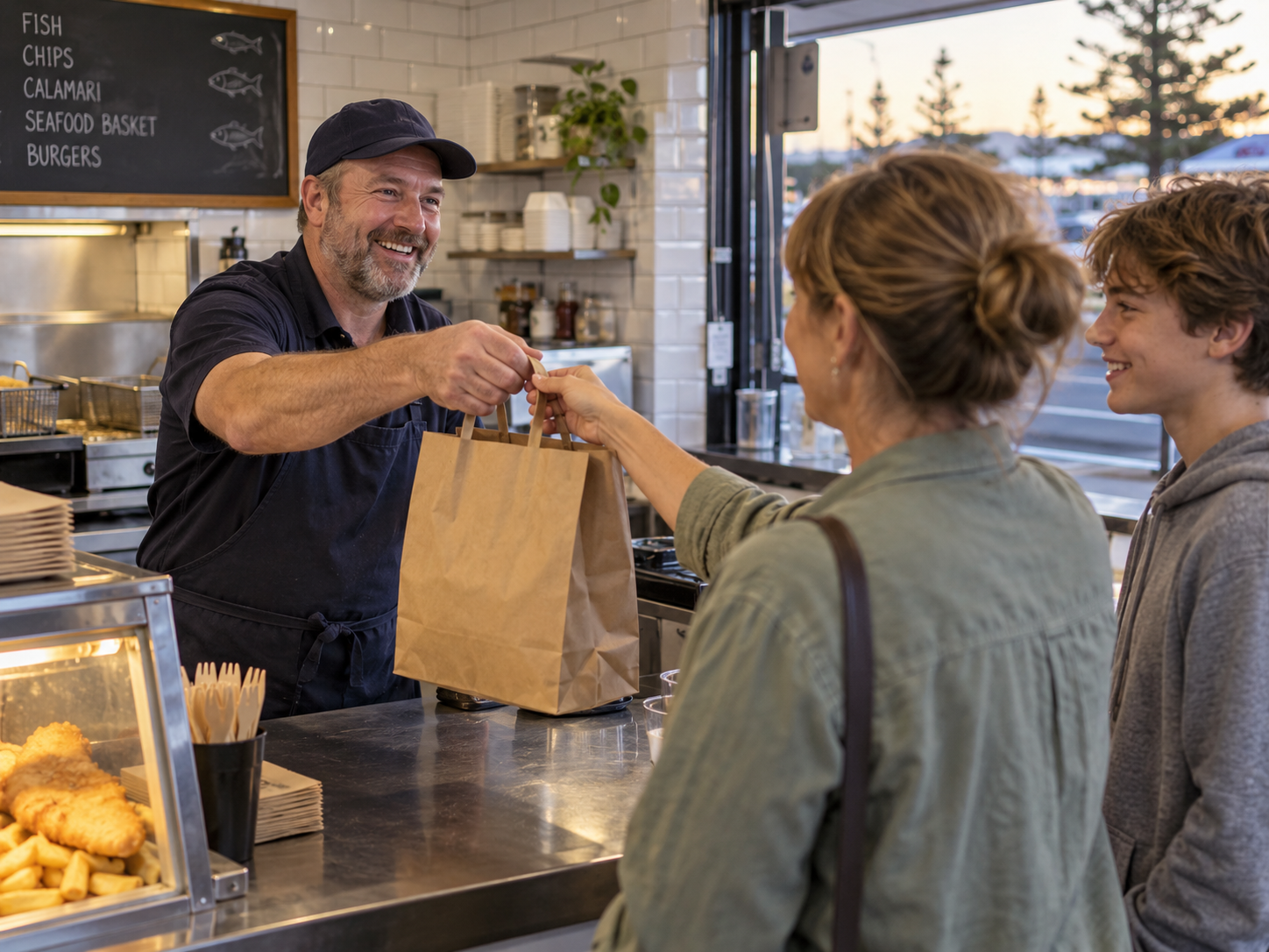 Illustrative family collecting their takeaway from a fish and chip shop