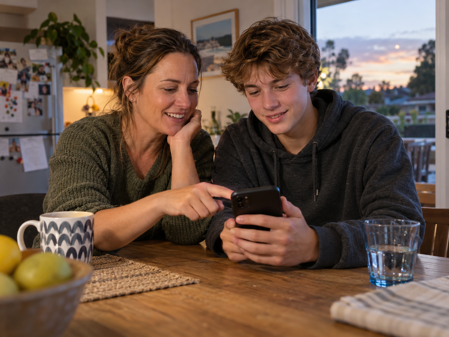 Illustrative family choosing fish and chips on a phone at home