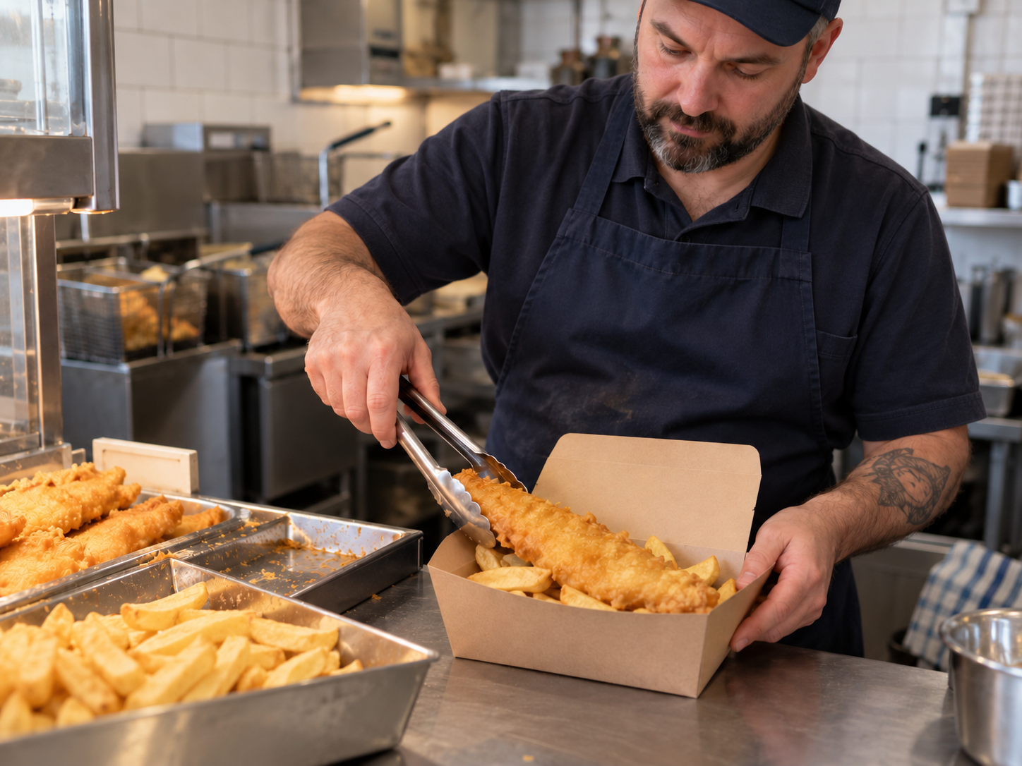 Illustrative fish and chip shop cook packing battered fish and chips