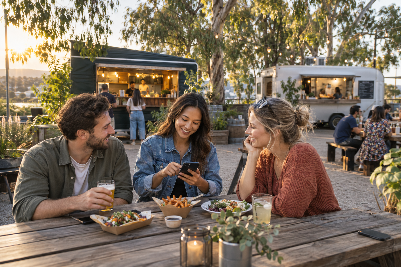 Illustrative scene of customers browsing a food truck menu on their phone at an outdoor table