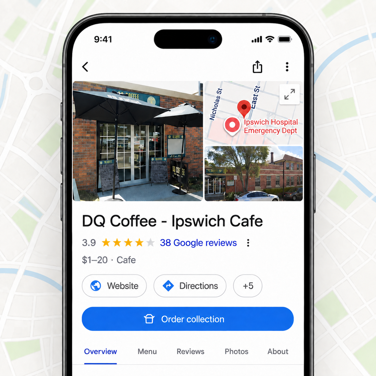 An Order collection button on DQ Coffee’s Google listing