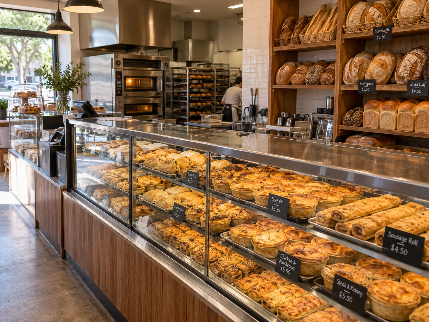 Illustrative view of an Australian bakery with a pie display and bread shelves