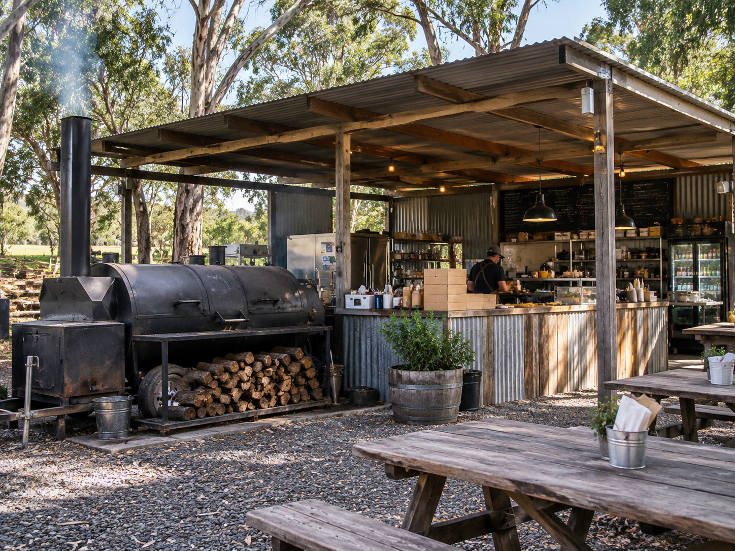 Illustrative view of an Australian smokehouse with its smoker and service area