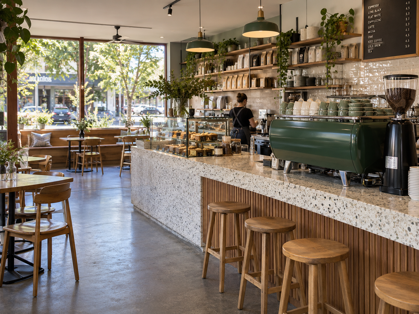 Illustrative view of an Australian neighbourhood cafe and its espresso counter