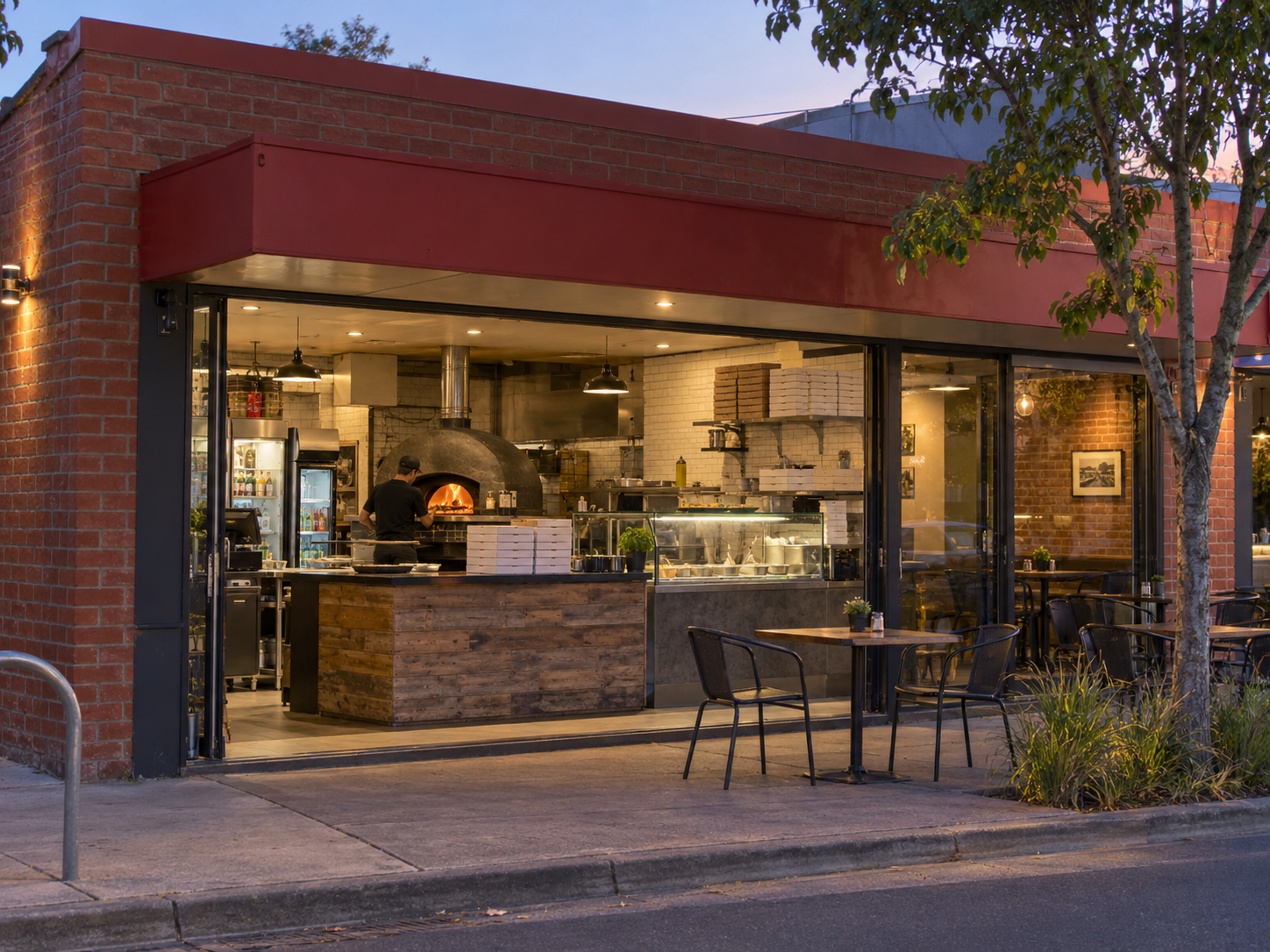 Illustrative view of a local pizzeria with a takeaway counter and pizza oven
