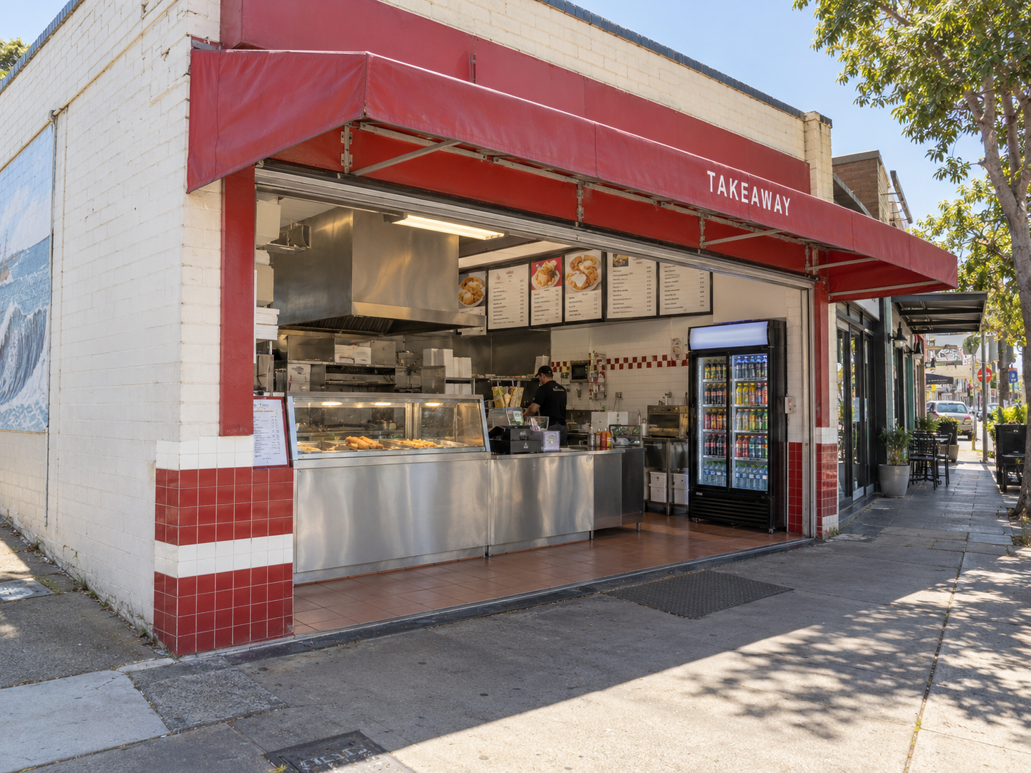 Illustrative view of a suburban Australian takeaway shop and its service counter