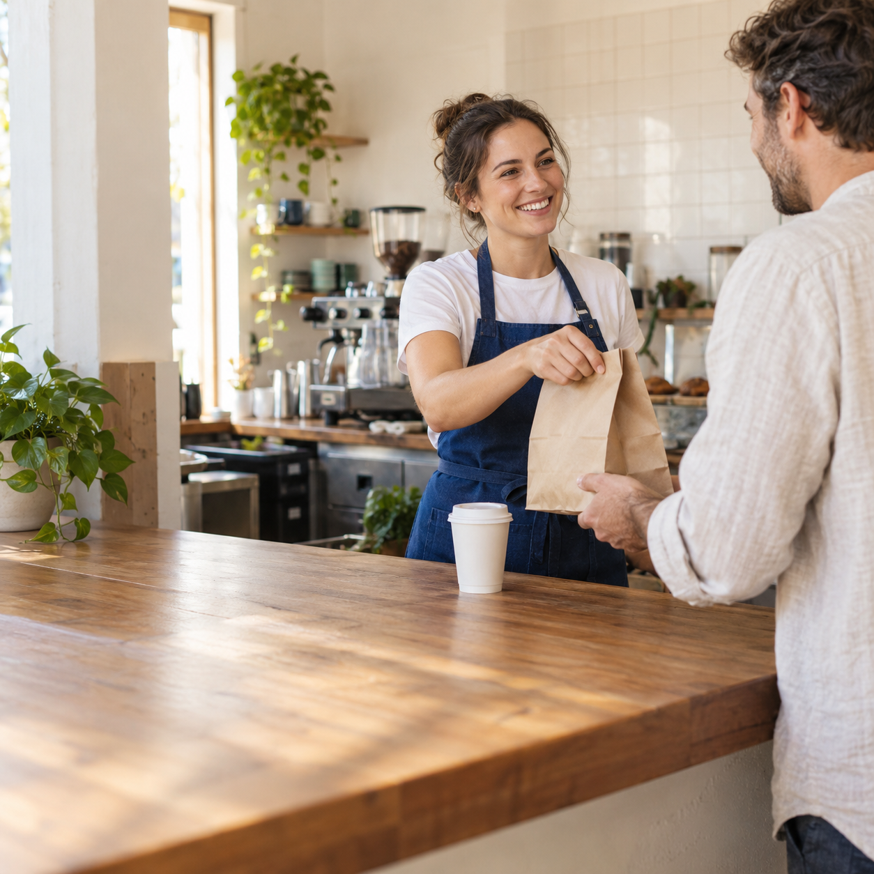 A smiling cafe owner handing a takeaway bag to a customer, with their coffee on the counter