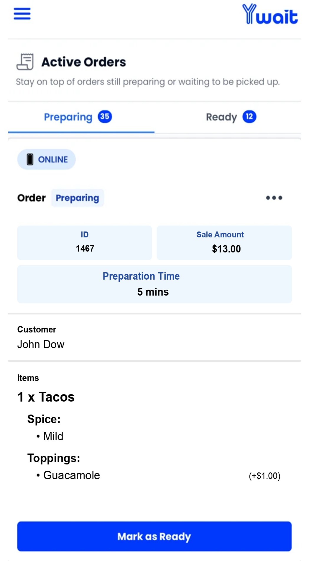 Ywait Admin active order screen