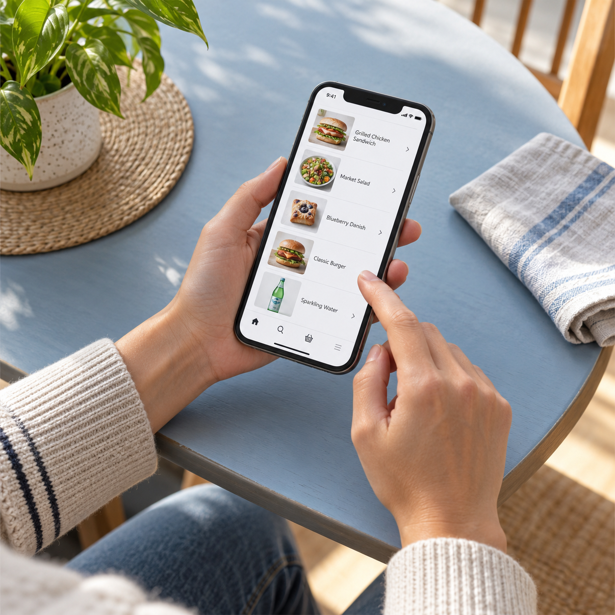 Illustrative scene of a customer browsing a varied online food menu on their phone from home