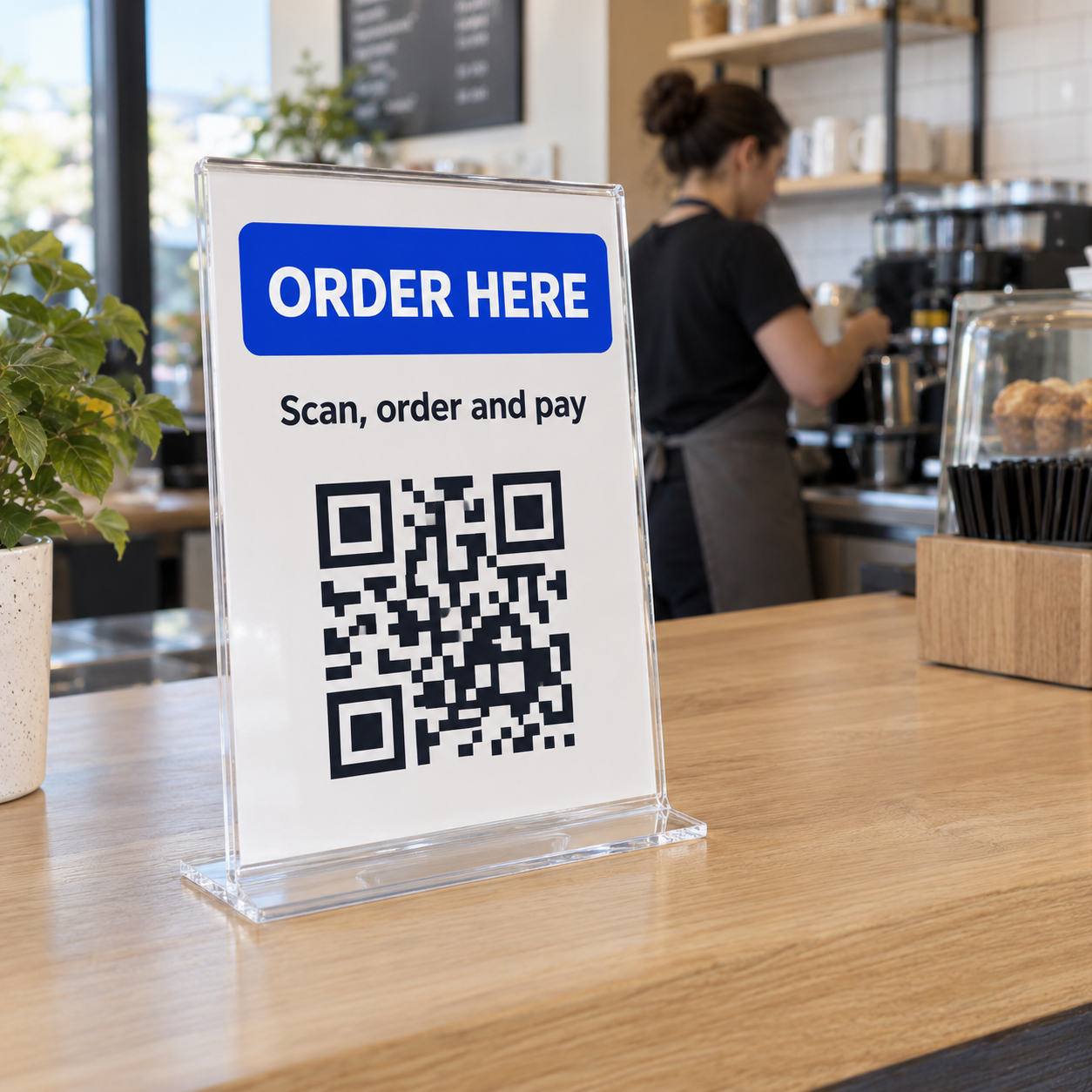 Illustrative café counter with a clear frame holding a small scan-to-order poster