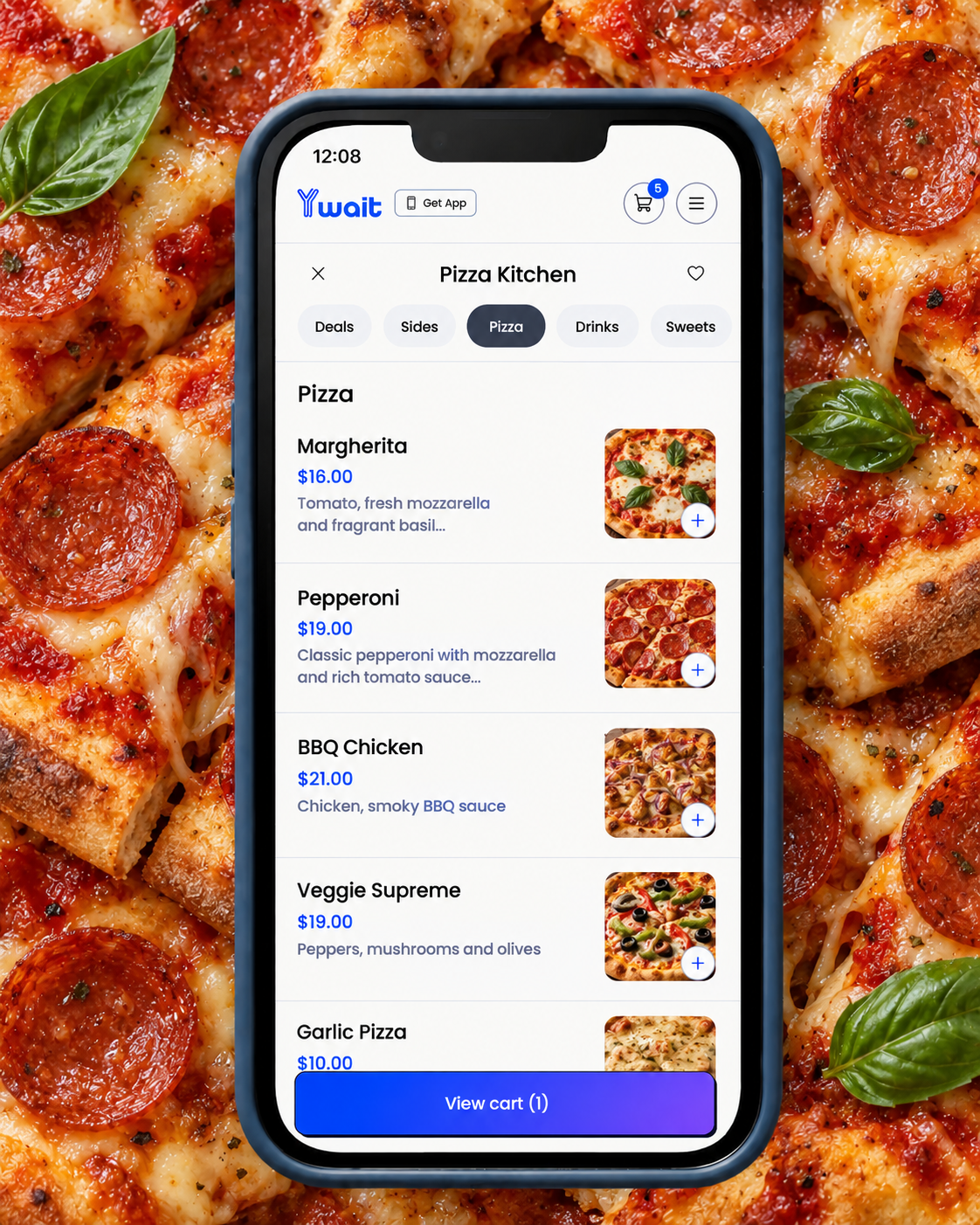 Ordering from a pizza shop on the Ywait app