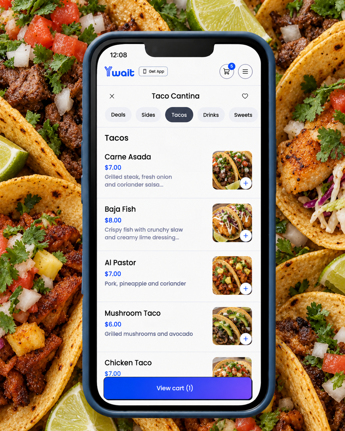 Ordering from a taco shop on the Ywait app