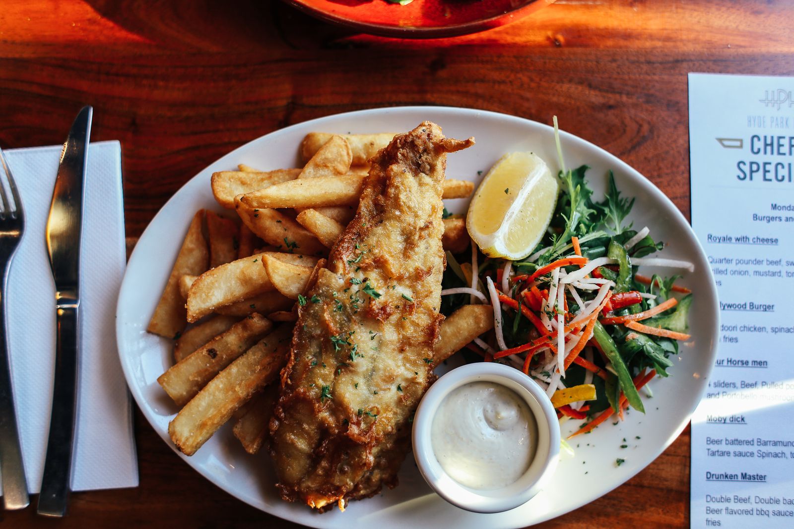 Fish and chips served at the counter