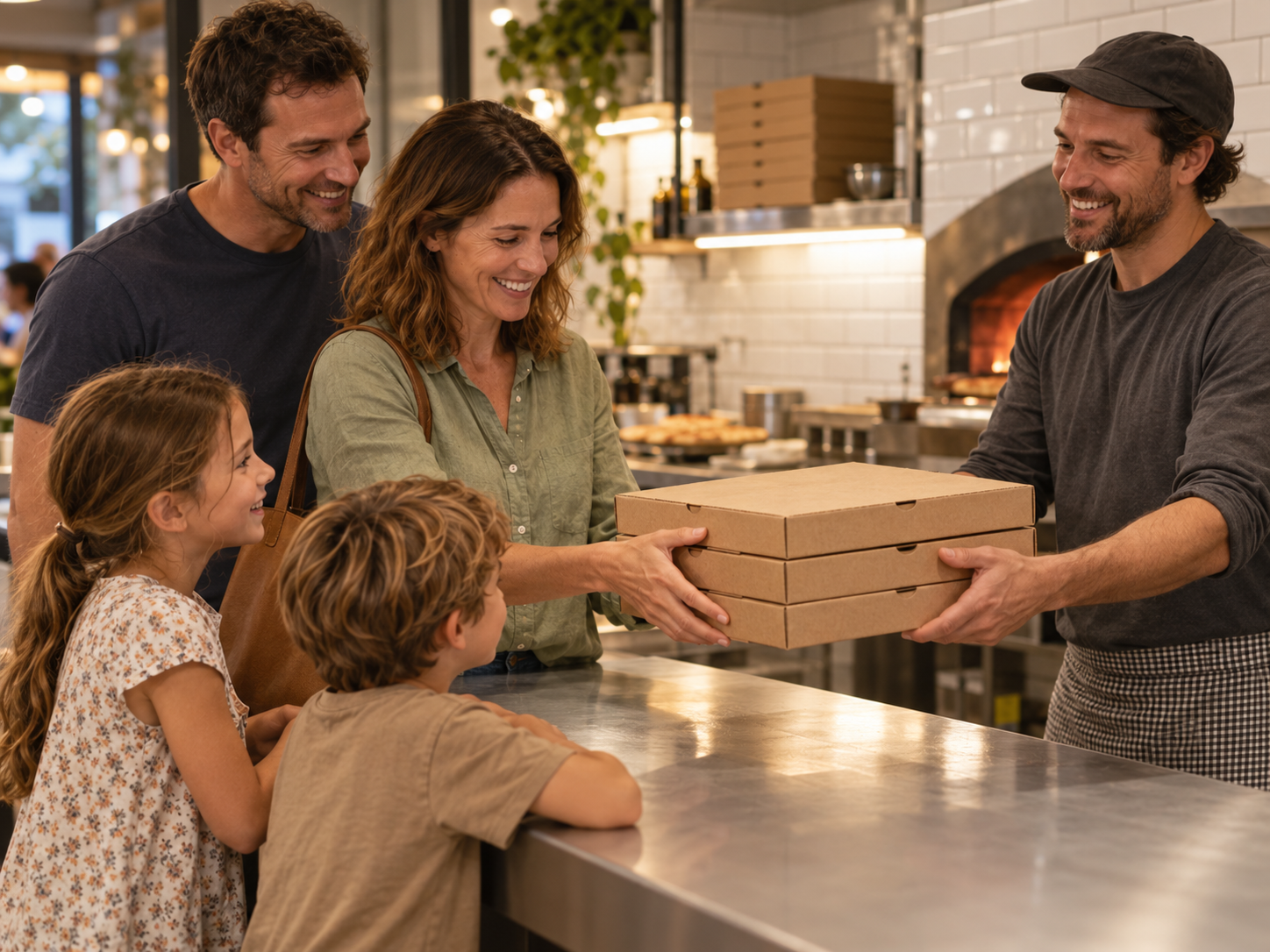 Illustrative Australian family collecting pizza boxes from the pizza maker