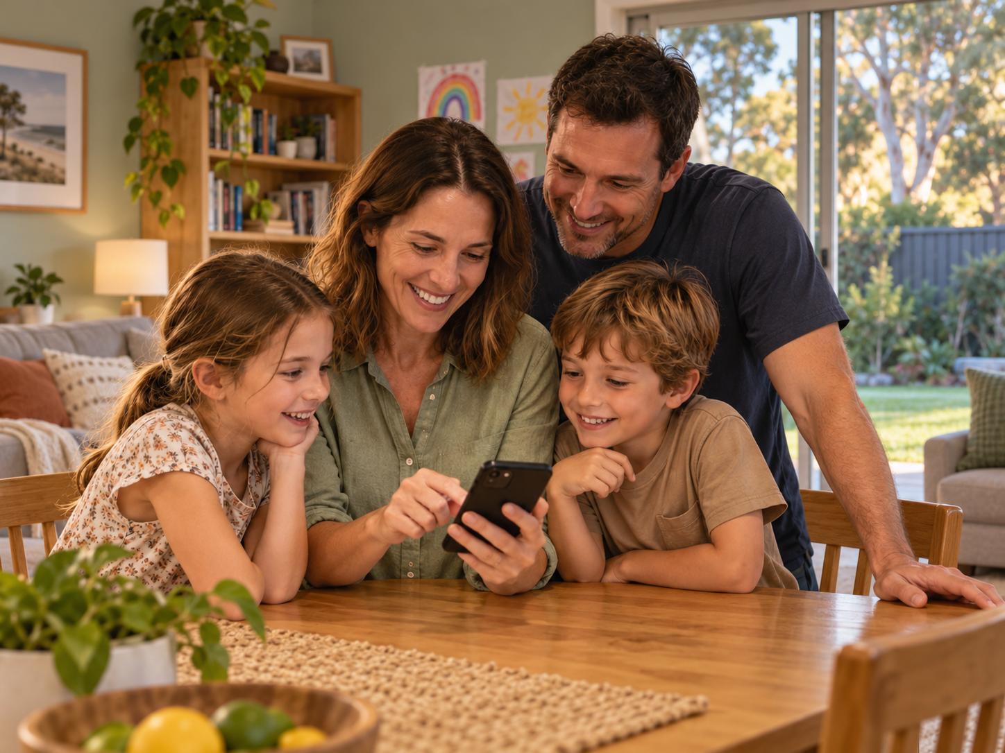 Illustrative scene of a family choosing their takeaway order together on a phone