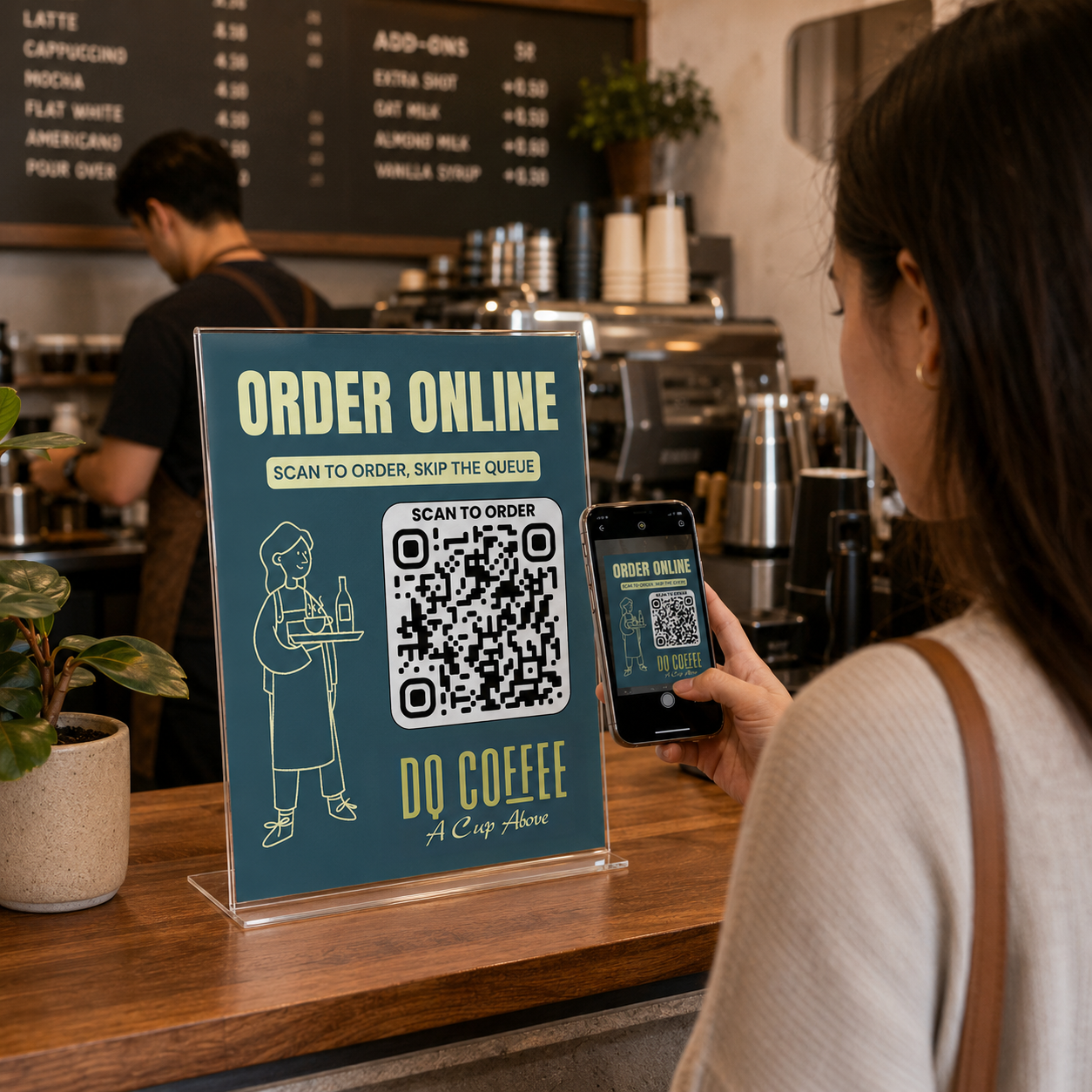 A customer scanning a café’s ordering QR code