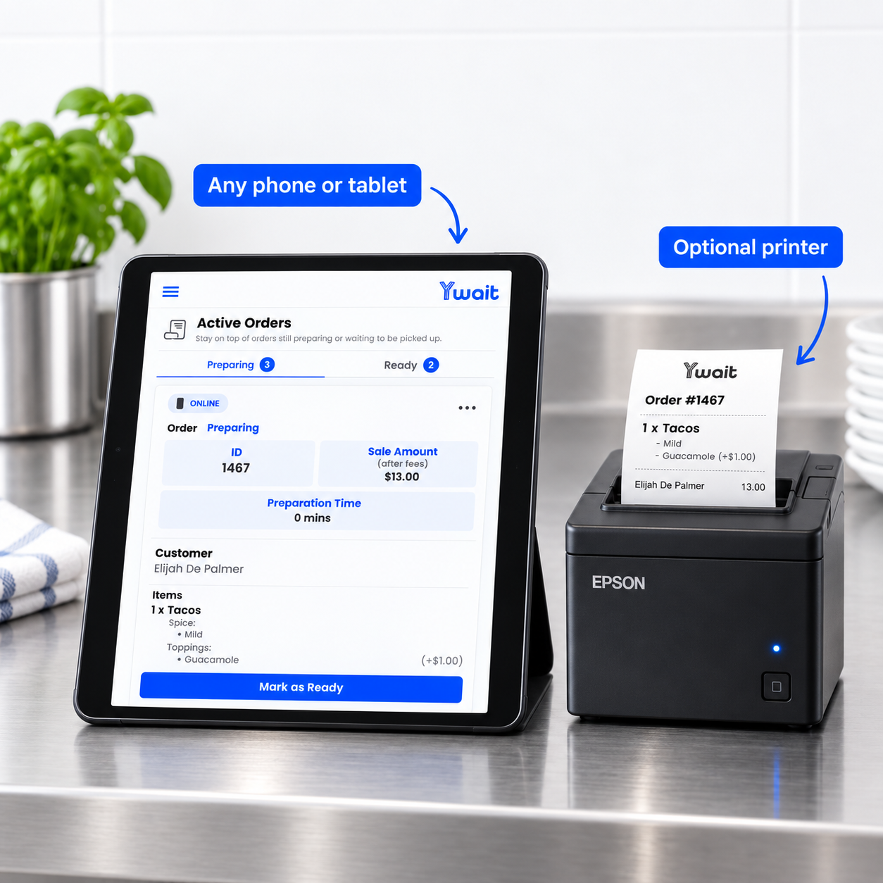 Ywait orders on a tablet beside an optional receipt printer