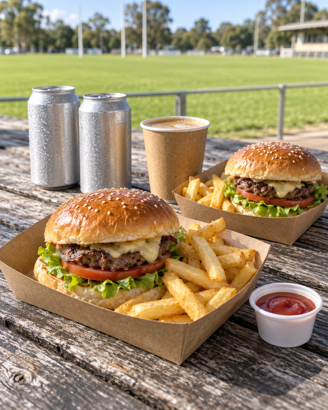 Illustrative canteen lunch of burgers, chips and drinks on a clubhouse picnic table