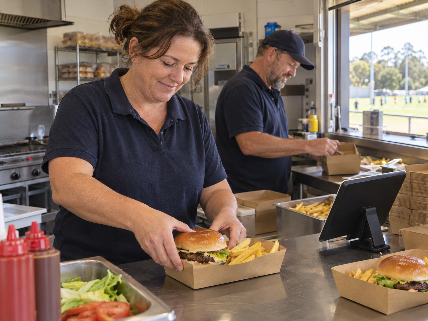 Illustrative photo of a canteen team preparing burgers and chips