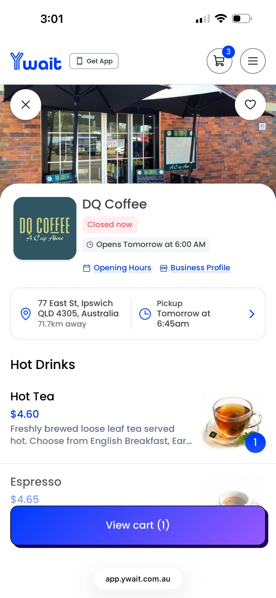 DQ Coffee’s online ordering storefront on Ywait